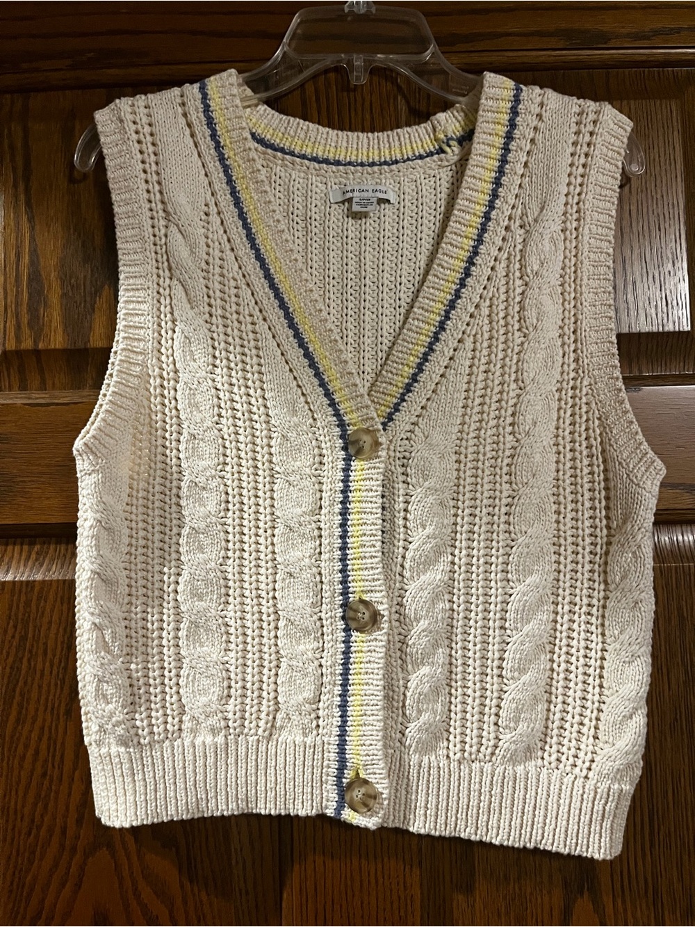 American Eagle Outfitters Cream Cable Knit V-Neck Vest w/Navy and Yellow Trim -S